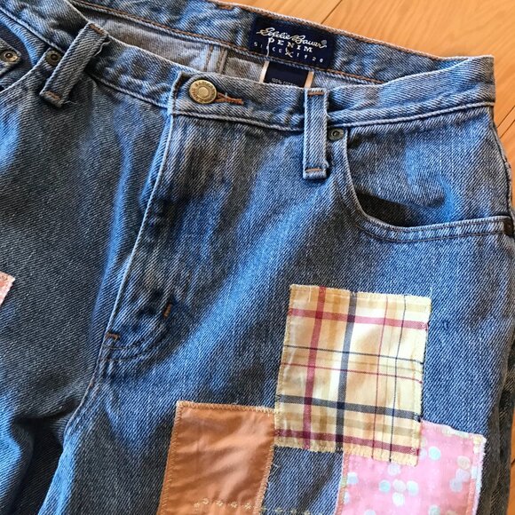 Upcycled Patchwork Jeans: Women's Size 6 Hippie Pants, Pastel & Lace Patches - Picture 3 of 13